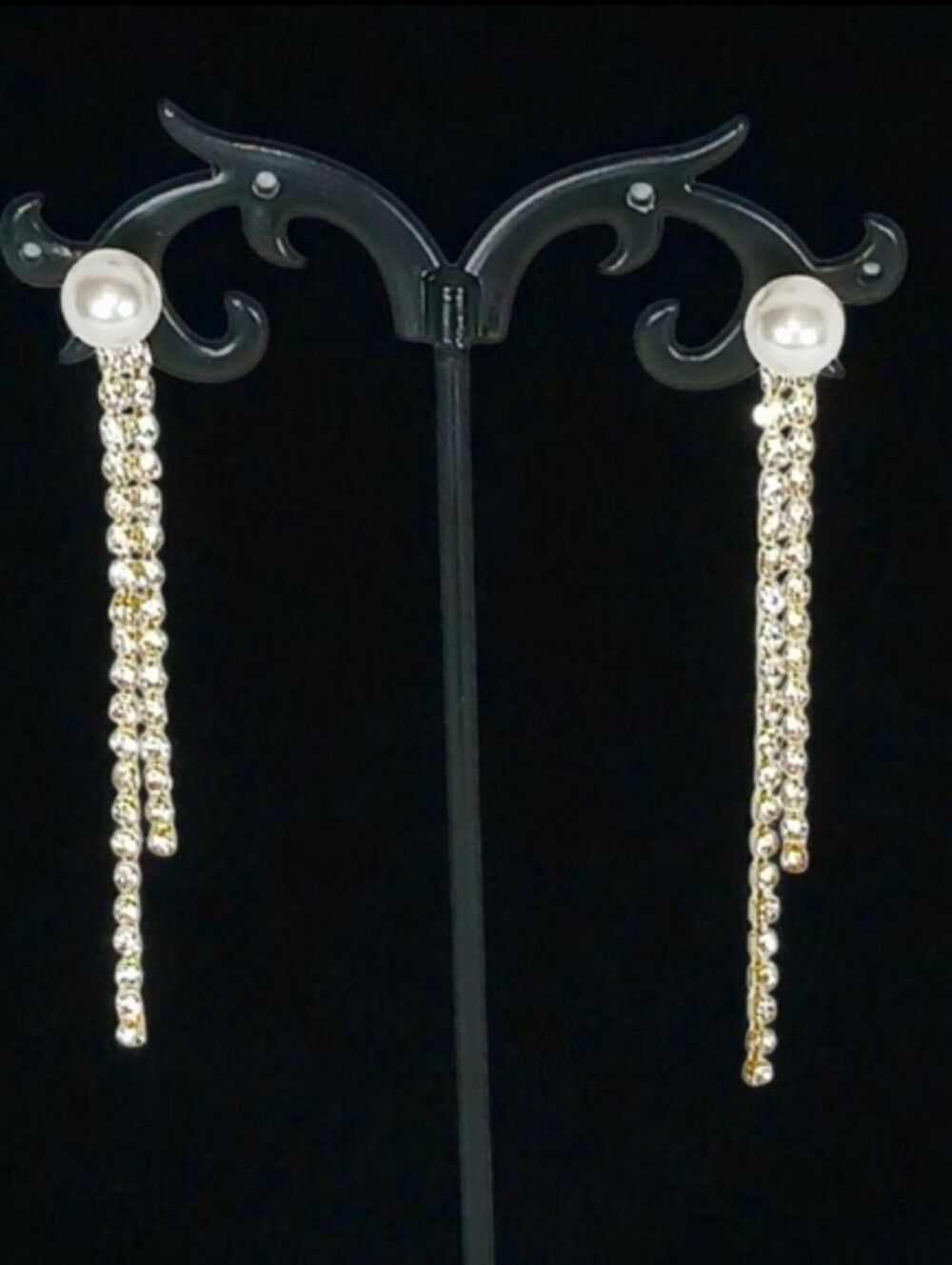 Pearl Stud Earrings Gold Linear Drop Rhinestone Tassel Earrings Evening Dressy